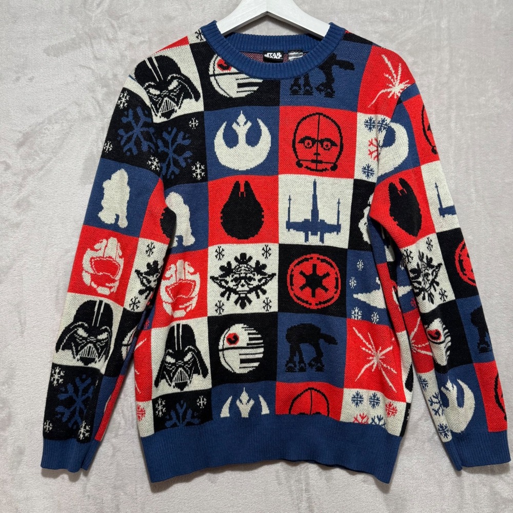 Star Wars Mens Ugly Christmas Sweater Darth Vader Death Star‎ Blue Red Medium
